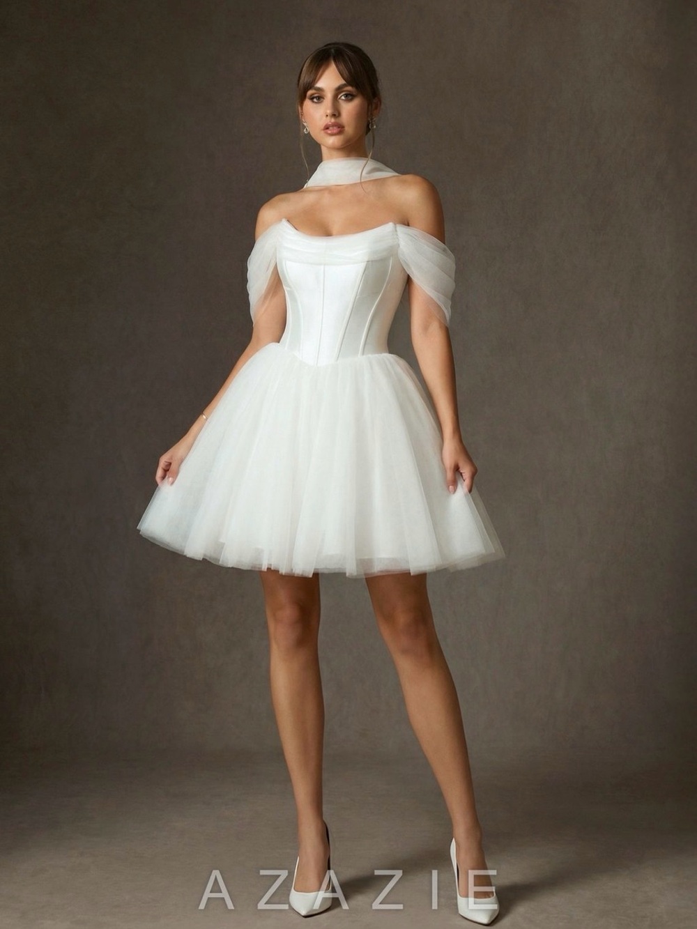 Azazie White Off-Shoulder Tulle Mini Dress